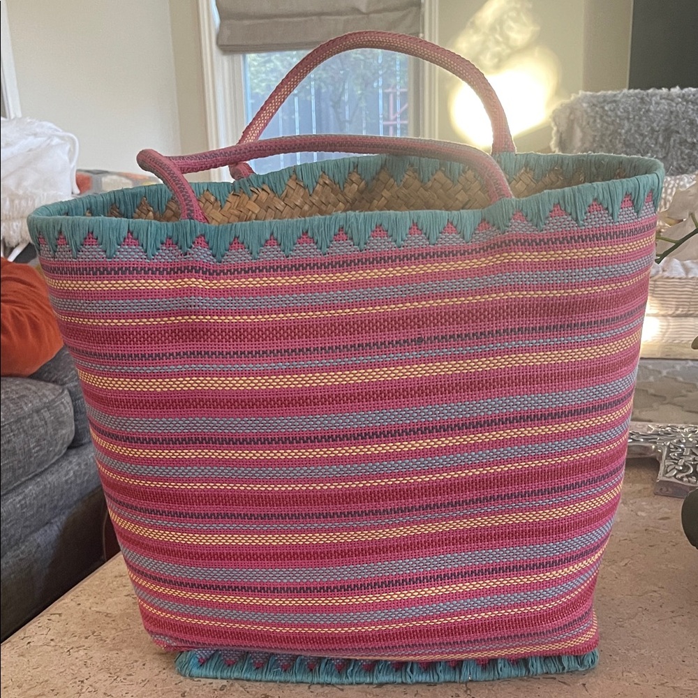 Pink and Teal Striped Woven Tote Bag from Mexico
